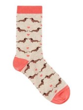 All Over Dachshund Dogs  Hearts Oatmeal w/ Coral Trim Women's Socks