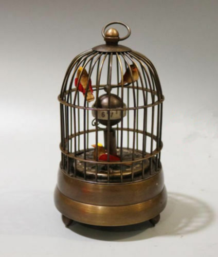 Antique Decorated Old Copper Carved Bird In Cage tick Mechanical Table Clock - Afbeelding 3 van 6