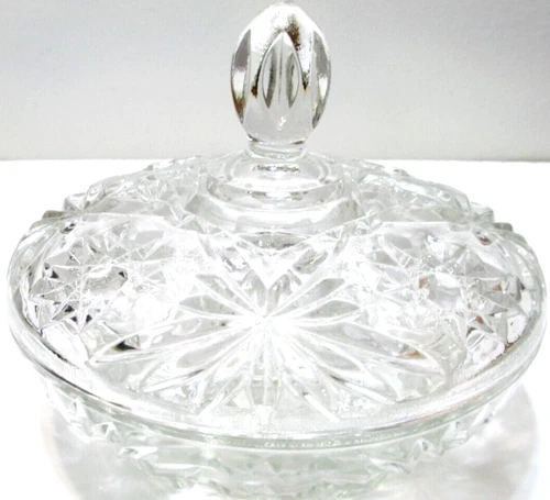 Vintage Anchor Hocking Glass EAPC Star of David Candy Dish w Lid Clear 7 1/4" D