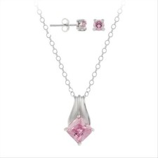 925 فضي وردي CZ Solitaire Pendant & Stud أقراط طقم, 18"