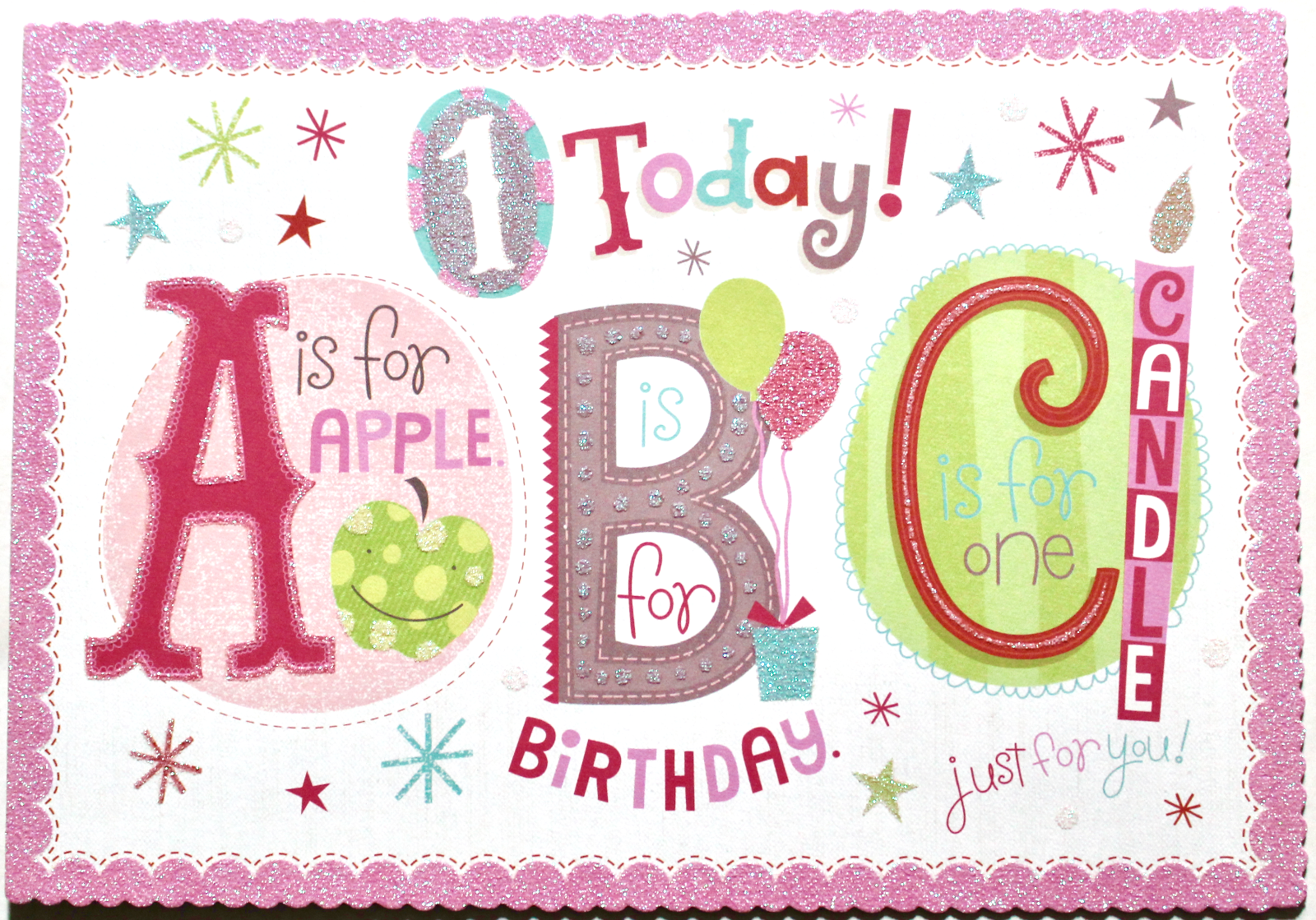 1 today! Birthday greetings card & envelope, ABC theme, female Birthday, new