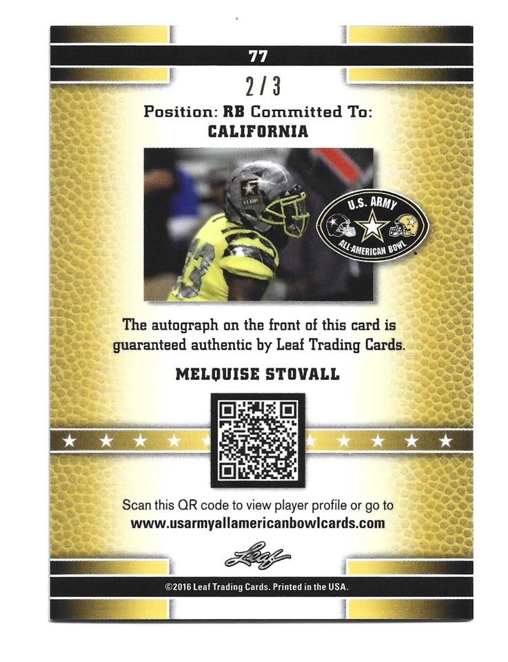 Melquise Stovall AUTOGRAPH /3 California Golden Bears 2016 Leaf AUTO Football - Image 2 of 2