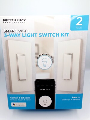 Merkury Innovations 3-Way Smart Light Switch Kit - Requires 2.4Ghz Wifi - 2 Pack