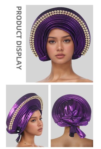 Women Hijab Cap Aso Oke African Headtie Auto Gele Nigerian Wedding Hat Head Wrap - Picture 16 of 34