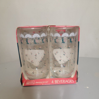 Vintage New Anchor Hocking Rose And Lace Beverage Glasses  1988- Victoriana Set 