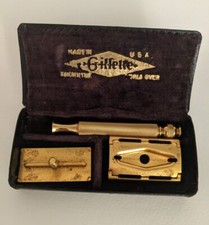 Vintage Gillette Gold Tone 3 piece Razor Original Case Made In USA Circa 1940's