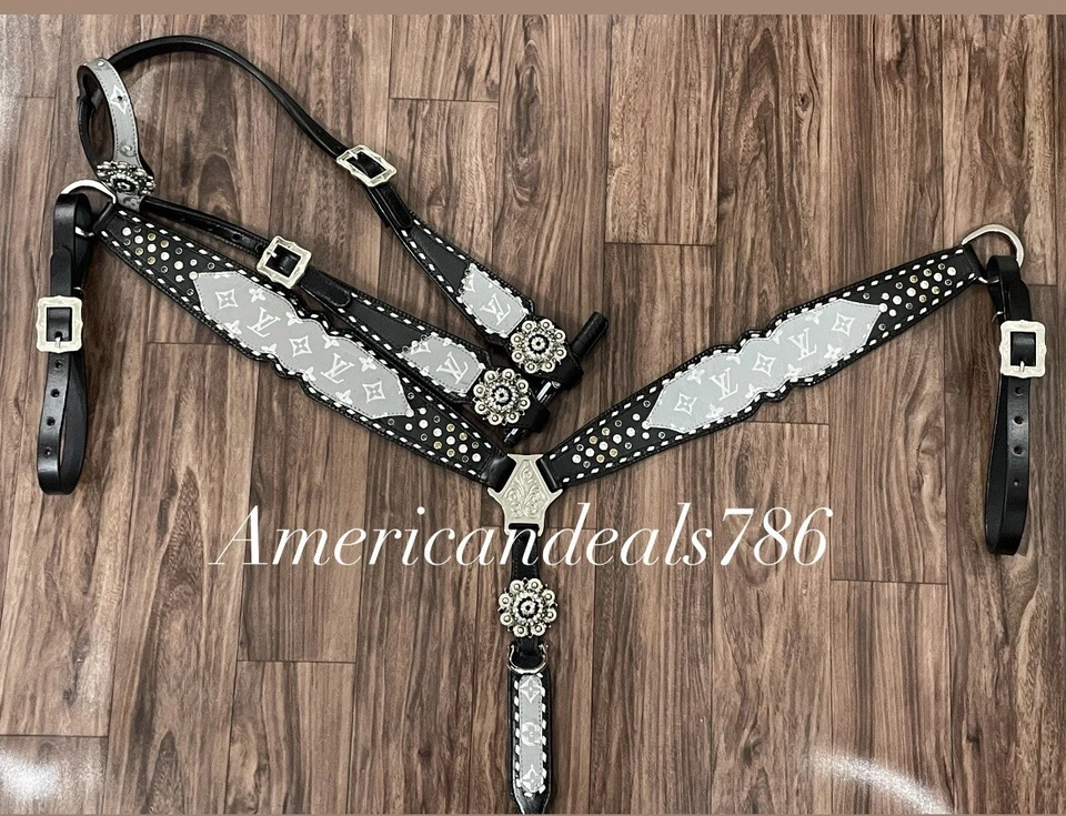 Western Black Leather Bling Tack Set Of Headstall And Breast Collar - Image 2 of 3
