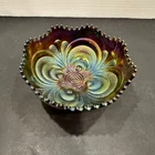 VTG Imperial Purple Amethyst Scroll Carnival Glass Bowl 7" Ruffled Edge
