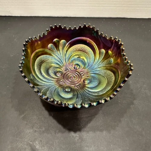 VTG Imperial Purple Amethyst Scroll Carnival Glass Bowl 7" Ruffled Edge