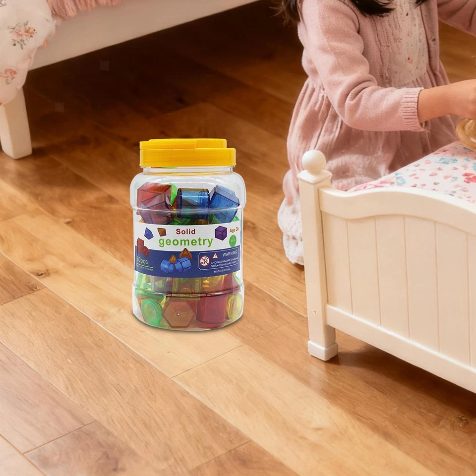 60 Pieces of 3D Shapes, Educational Building Blocks with Storage Pot for Games,