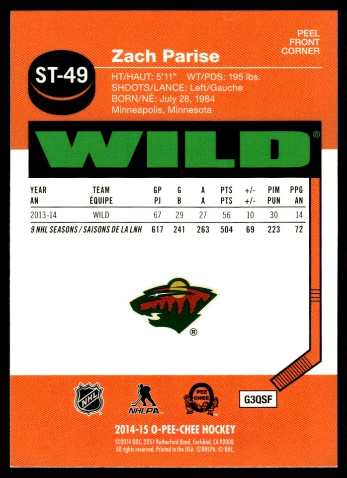 2014-15 O-Pee-Chee Stickers Zach Parise Minnesota Wild #ST-49 - Image 2 of 2