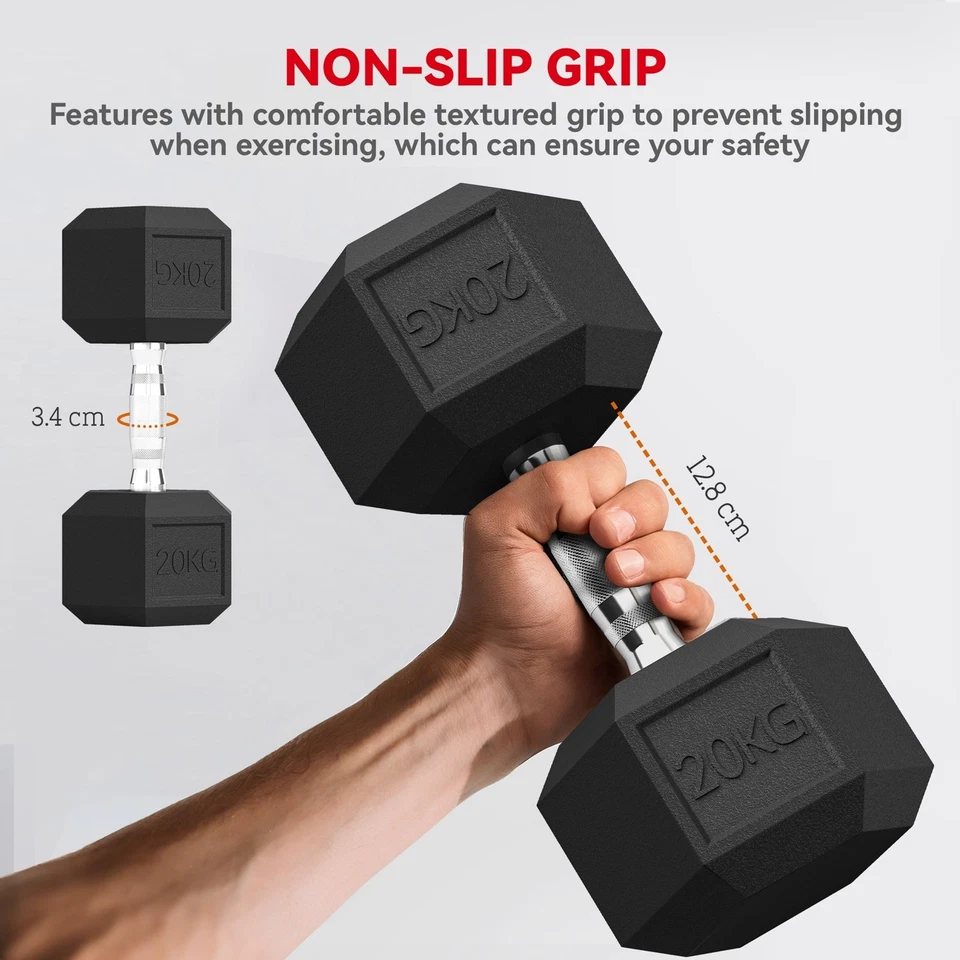20kg Hex Rubber Dumbbell Encased Ergo Weights for Home Exercise Gym Fitness, photo 4 of 5
