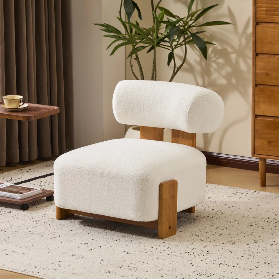 Sillón moderno con respaldo enrollado y tapicería Boucle, marco de madera maciza Foto 3 de 4