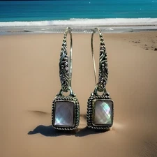 ARTISAN OF BALI SARDA 9X7MM RECTANGULAR ROSE QUARTZ DOUBLET SILVER EARRINGS