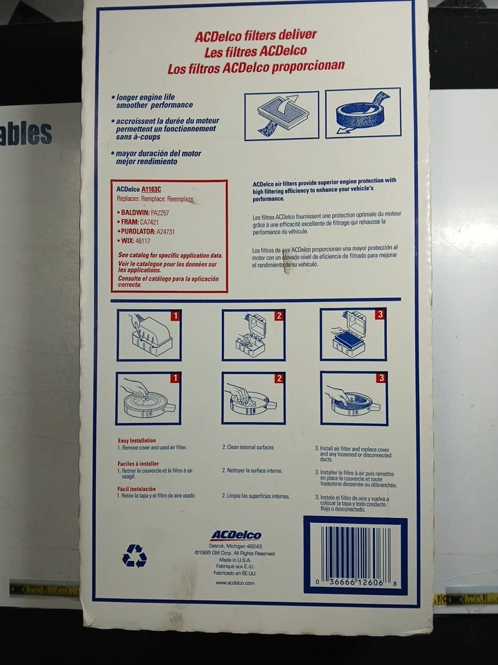 Filtro de aire original AC Delco GM A1163C 25098463 Foto 3 de 4