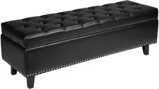 Button-Tufted Storage Ottoman Bench, PU Leather Bench with Storage and Solid Woo
