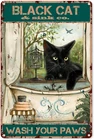 Funny Bathroom Quote Metal Tin Sign - Vintage Black Cat Wash Your Paws Tin Sign
