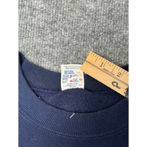 VTG Jerzees WWII crewneck sweatshirt large, navy with white label, red “Made in U.S.A.” tag, and wooden ruler.