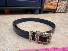 90s Vintage Black Leather Men s Belt with Ornate Silver Buckle