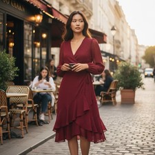 NWT Express Sz M Burgundy Chiffon Wrap Front Polka Dot Romantic Red Midi Dress