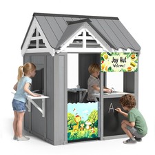 Outdoor Wooden Kids Playhouse, Modern Kids Cottage with Kitchen Pretend Toys