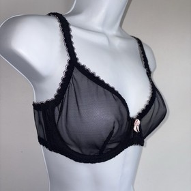 Agent Provocateur Black Sheer Mesh Underwire Bra Pink Lace Trim Bow 36D Vintage