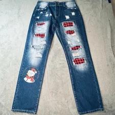 Upcycled Womans Jeans L Christmas Snowman  Plaid Holiday Art To Wear Appliqué 3I