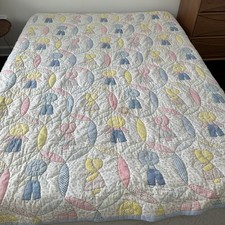 Vintage Sunbonnet Sue Sam Quilt Handmade Hand stitched Cotton Blue Pink Yellow