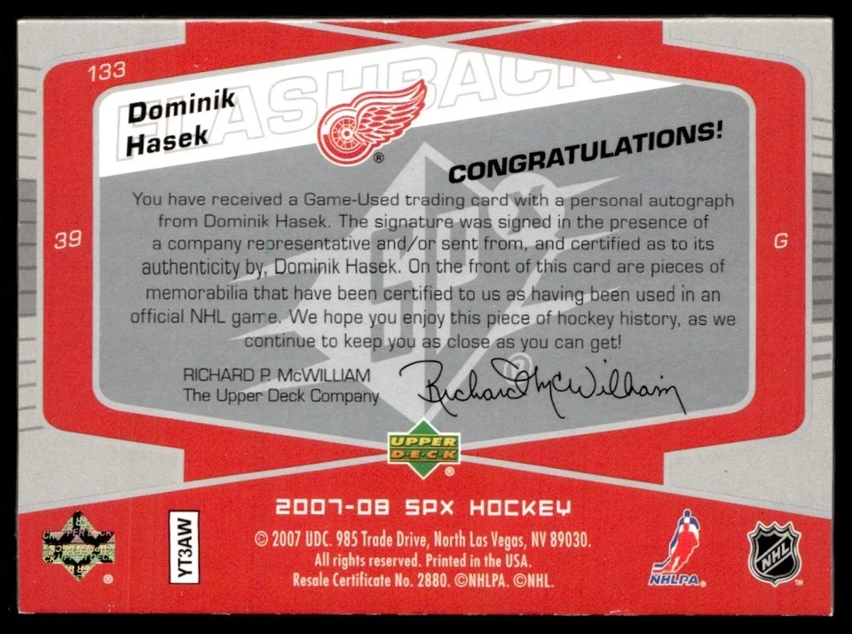 2007-08 SPx Flashback Fabrics Autograph Spectrum Dominik Hasek Auto 01/25 - Image 2 of 2