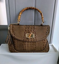 Borsa vintage in pelle marrone Made in Italy con manico in bambù elegante