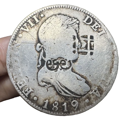 8 Reales 1819 Silver Hispan Mexico, Ferdin VII, Lattice Countermark, JJ