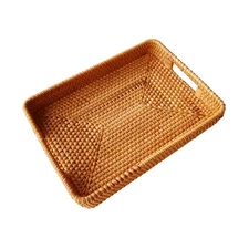 13 Inch Handcrafted Serving Tray Rectangle Rattan Display Tray Plates with Cu...