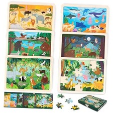 Wooden Puzzles for Kids Ages 4-6 and 3-5. Set of 6 Jigsaw Puzzles 24 Jungle