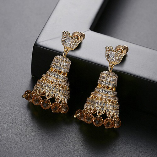 Indian Jhumka Jhumki Zircon Dangle Drop Bollywood Earring Bridal Wedding Jewelry - Picture 2 of 9