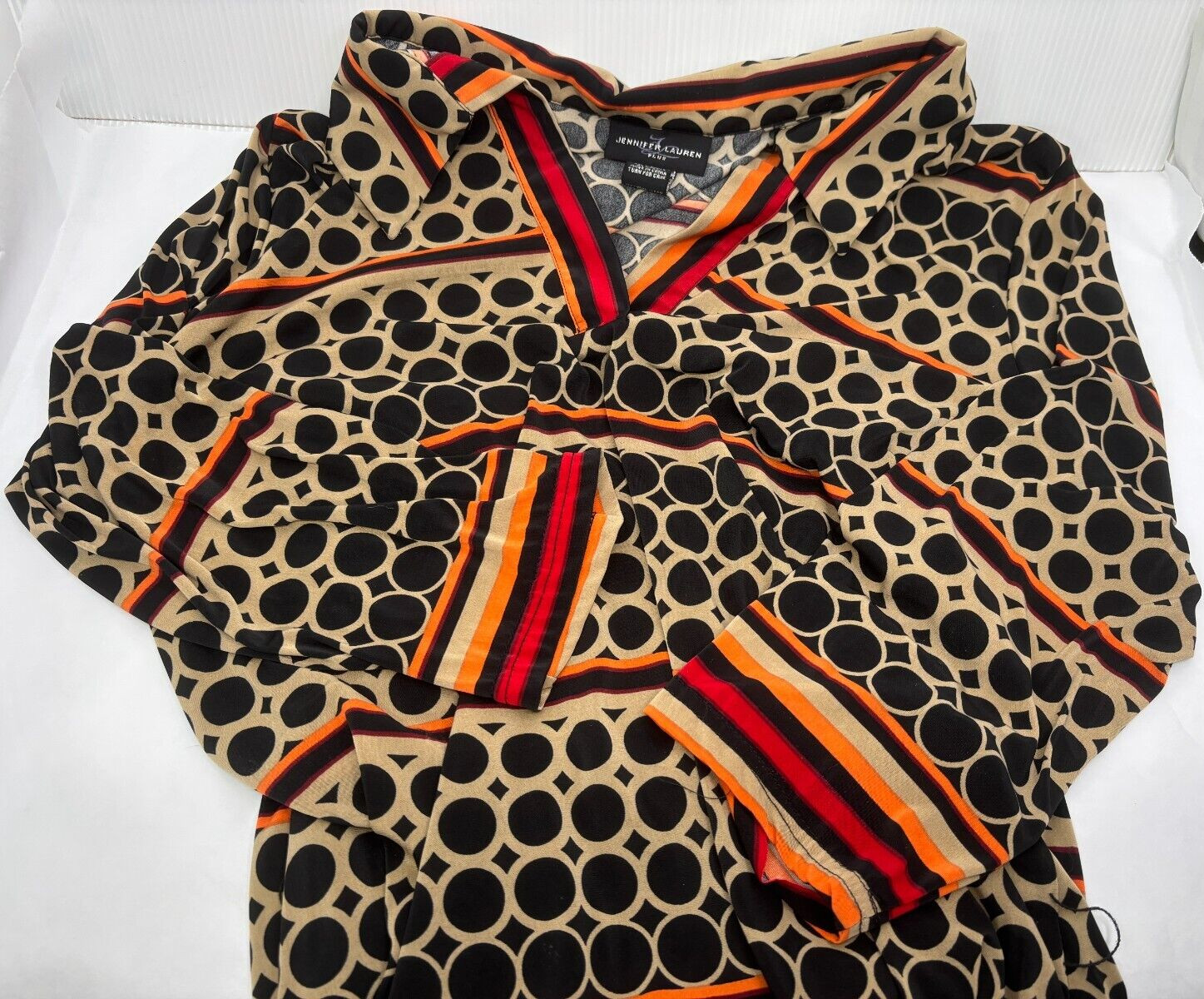 Jennifer Lauren Plus Dress Sz 1x Polyester Spandex Brown Geometric Long Sleeves