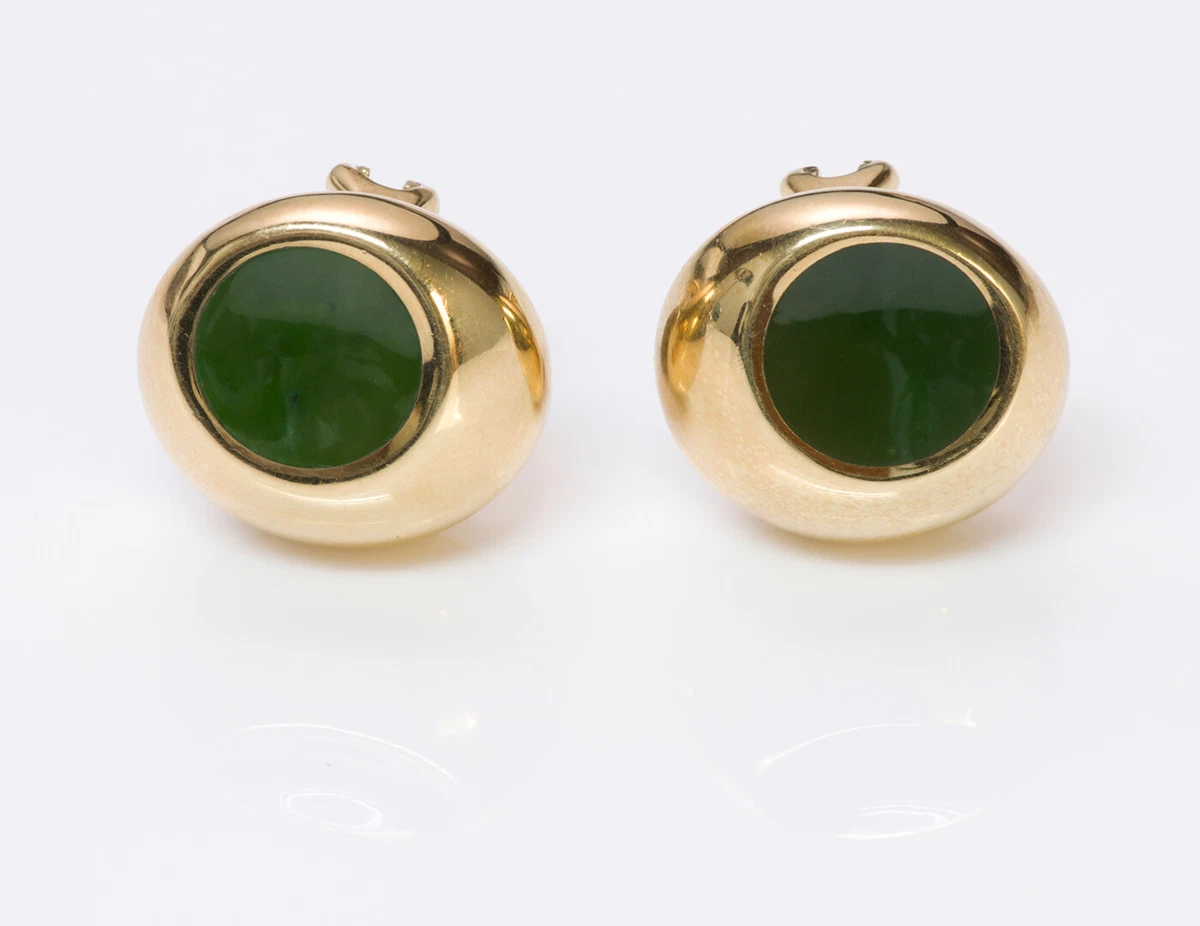 Tiffany Co. Elsa Peretti Thumbprint 18K Gold Nephrite Jade Earrings