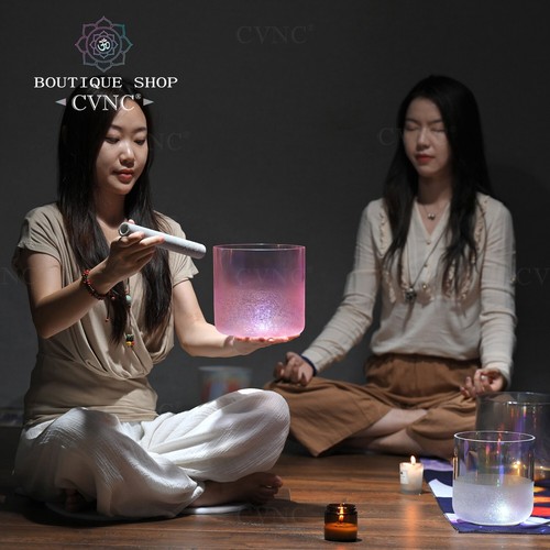 CVNC 432Hz 6" C Pink Ice Flower Clear Crystal Singing Bowl Sound Healing Bath - Picture 3 of 6