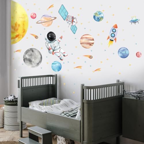 Space Astronaut Spacecraft Wall Decals - Watercolor Solar System Wall Stickers - Picture 8 of 8