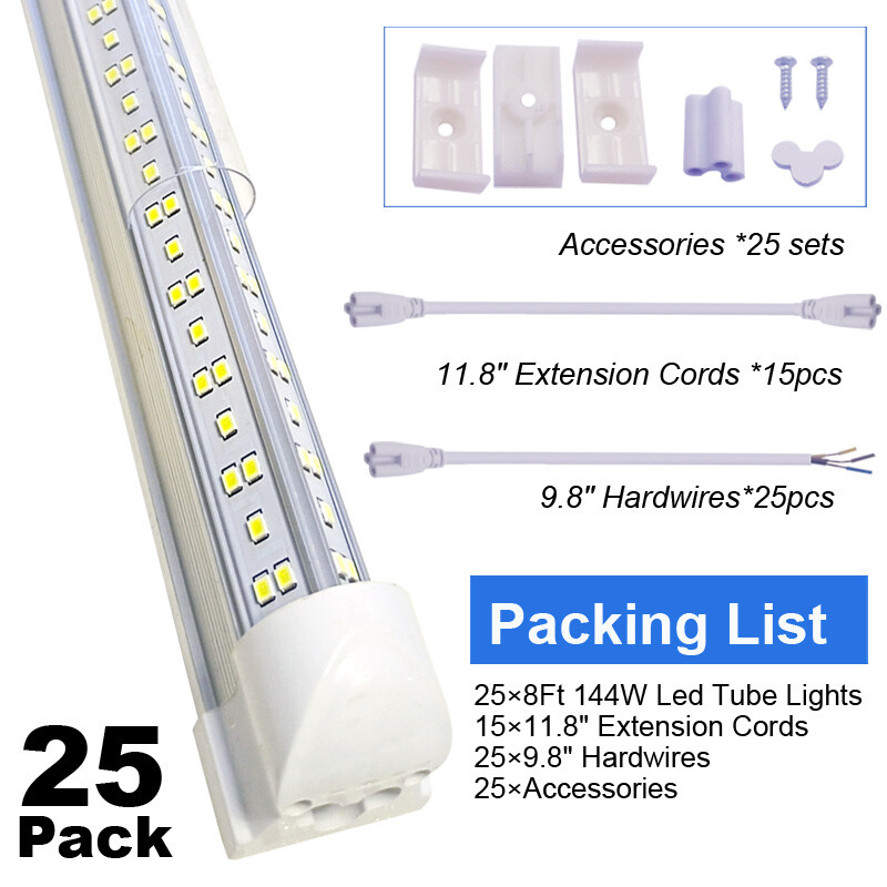 25 PCS 8 Foot LED Shop Lights 144W Fixture 8FT T8 LED Tube Light 8