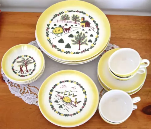 Vintage Salem Grant Crest COUNTRY CHARM Yellow Farm  DISH SET ~ Set of 20 ~