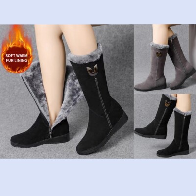 Mid Calf Boots Ladies Shoes Fleece Lined Warm Winter Zip Comfy Heel Womens  Size UK
