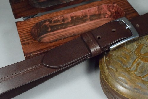 CINTURON HOMBRE SUTURA MARRON GENUINO CUERO 35 MM HECHO MANO UBRIQUE MA LEATHER - Picture 8 of 10