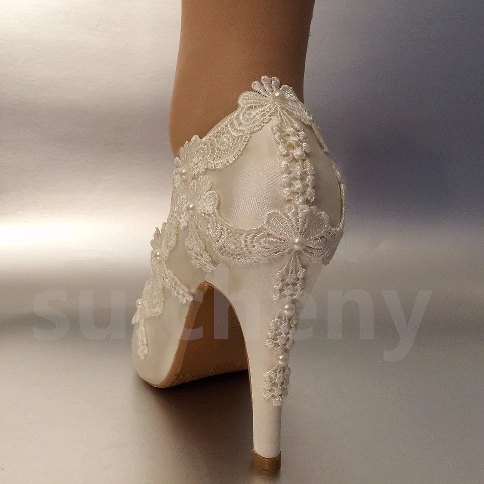 su.cheny 3" 4" heel satin white ivory lace pearls open toe Wedding bridal shoes - Image 2 of 4