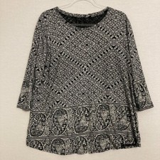Lucky Brand Black White Floral Paisley Boho Geometric Stretch Knit Top 1X