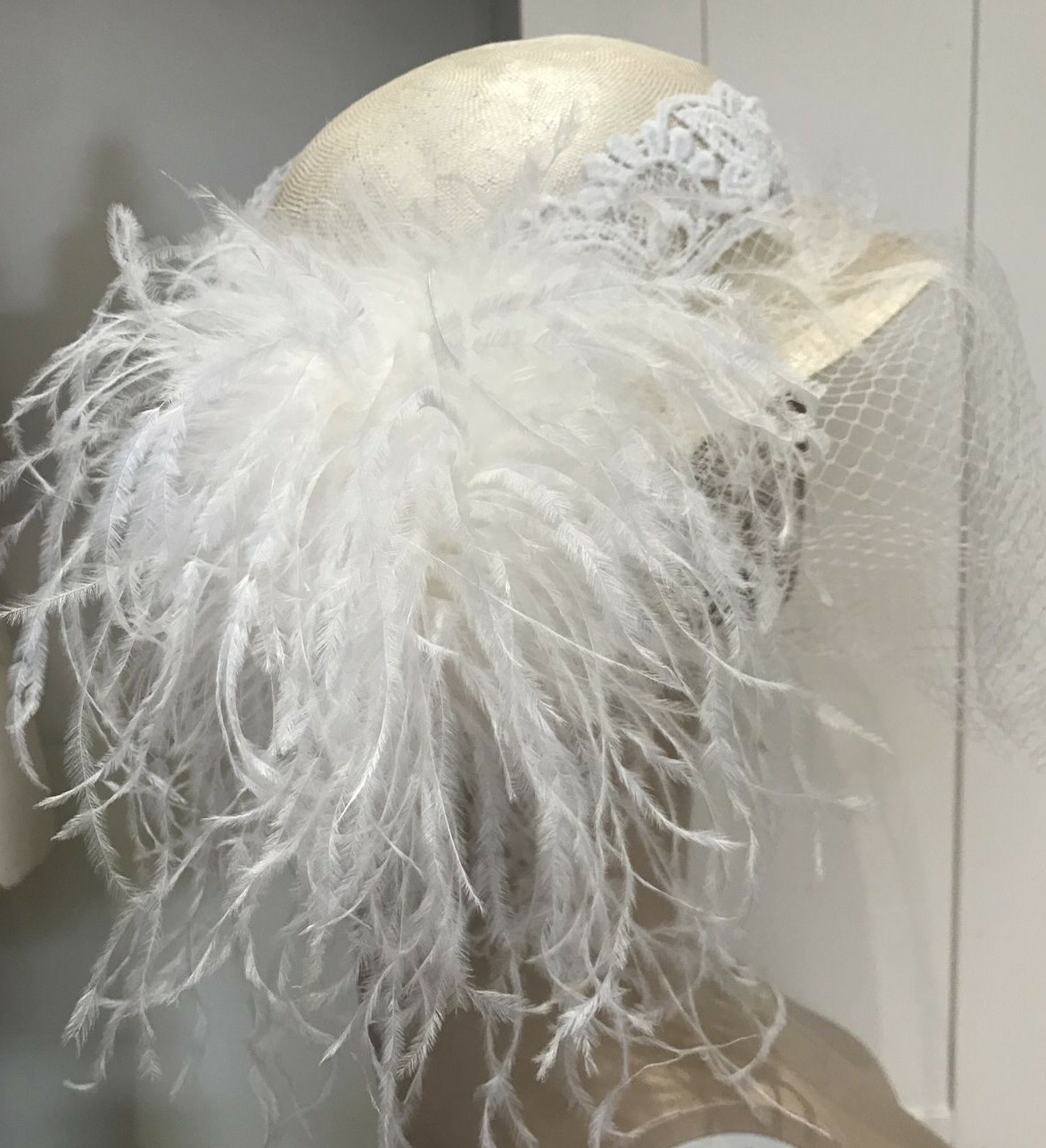 Vintage 1970s "Brides by Bermona" Straw Hat - Veil, Lace & Feather Trim, Size M 5