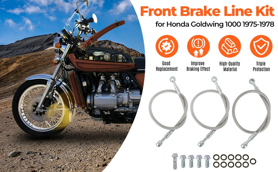 For 1975-1978 Honda GL 1000 GOLDWING BRAIDED STEEL FRONT BRAKE LINE KIT 3 LAYER Foto 3 de 4
