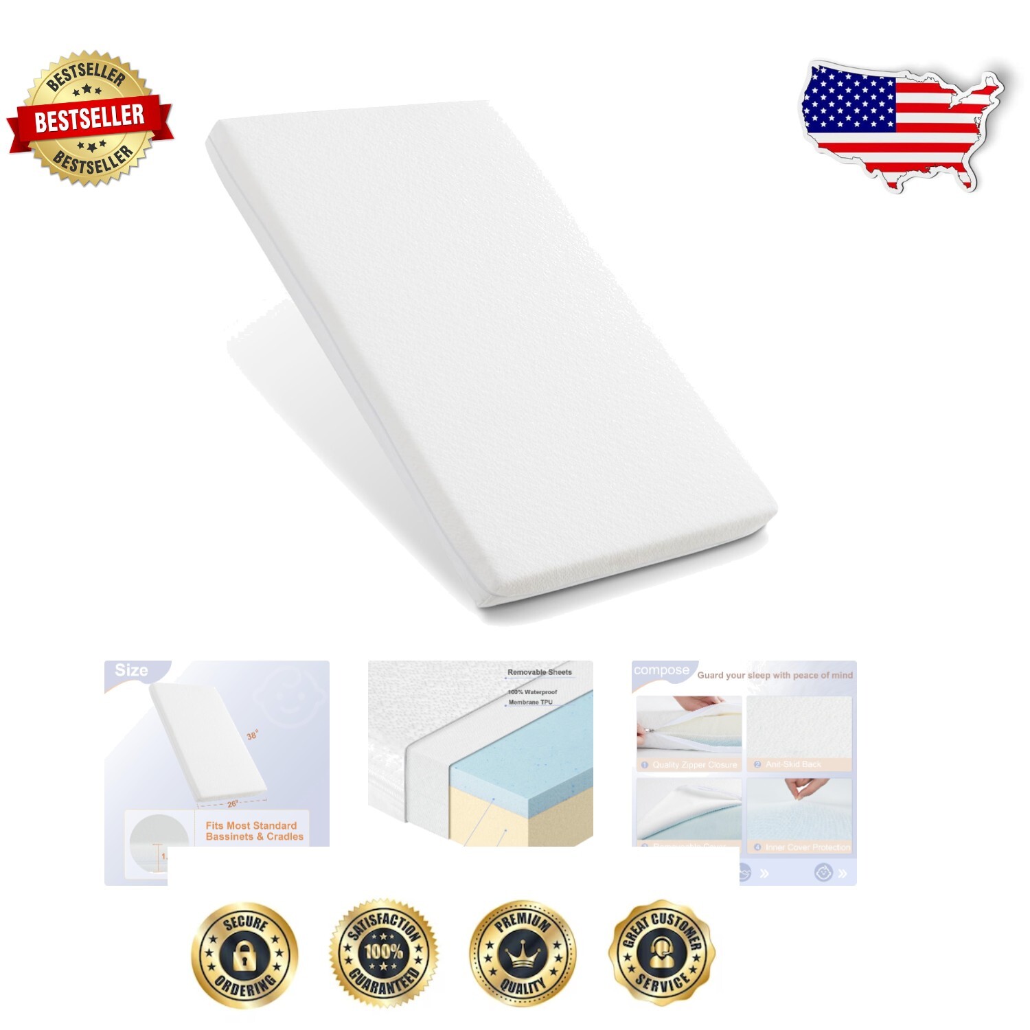 Dual-Sided Pack N Play Mattress 38x26|Comfort Gel Memory Foam & Removable Cover