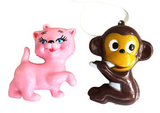 Vtg. 2 Molded Plastic Rubber Baby Toys Pink Cat - Brown Monkey w/Hanging Hook