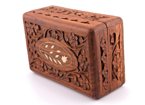 Vintage Stash Box India Carved Wood Wooden Lined Hinged