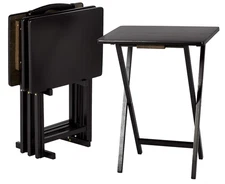 Foldable TV Dinner Tray Table with Storage Rack, Set of 4, Black 15" x 19" x 26"